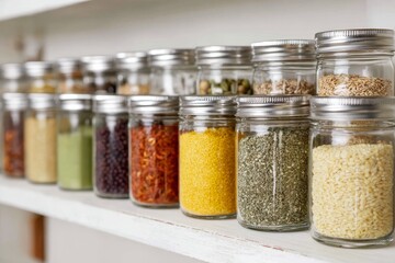 Neatly arranged clear glass jars with stainless steel lids holding seasonings and cereals on shelf