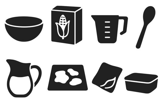 Oobleck Tools Icons. Solid style icons of oobleck tools and setup: Mixing Bowl, Cornstarch Box, Measuring Cup, Wooden Spoon, Water