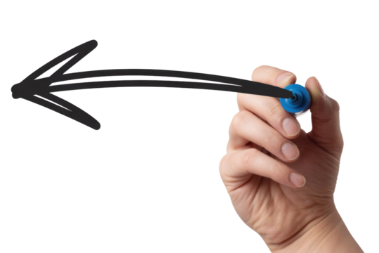 A human hand holds a blue marker, drawing a bold, black, hand-drawn arrow pointing left across a dark transparent background. background removed