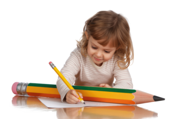 Joyful young girl concentrating on drawing with a small pencil, featuring an exaggeratedly large pencil nearby on a reflective surface. background removed