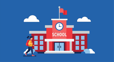 Red brick school building with a student walking a flat design silhouette