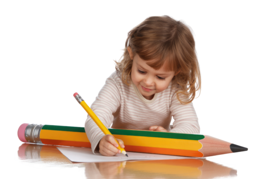 Joyful young girl concentrating on drawing with a small pencil, featuring an exaggeratedly large pencil nearby on a reflective surface. background removed