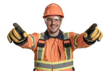 Smiling construction worker in orange safety gear, hard hat, and glasses, confidently pointing both hands forward, inviting or directing attention. background removed