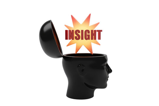 A 3D open human head revealing a starburst with 'INSIGHT' exploding from within, symbolizing new ideas, clarity, or understanding. background removed