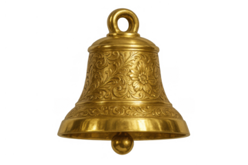 Gold bell with ornate floral engraving and clapper, vintage decorative object, religious symbol, transparent background