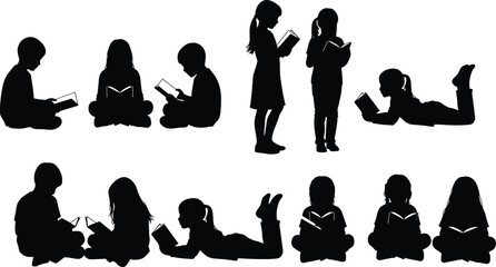 Children reading silhouette set, educational vector illustration, diverse reading poses, black isolated kids with books, learning and literacy themed artwork