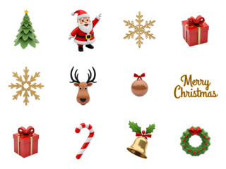 3D Christmas Icon Set with Santa, Gifts, Reindeer, Bells, Snowflakes, and Holiday Decorations on Transparent Background.