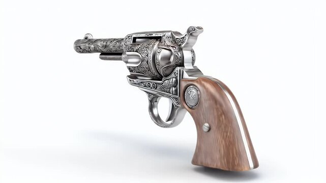 Detailed Antique Revolver on White Background, Close-Up.