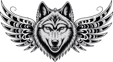 Fantasy wolf head with ornate wings vector, mythical animal emblem design, fierce expression, symmetrical layout, tribal tattoo style for merchandise and branding