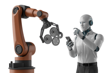 A humanoid robot interacts with an industrial robotic arm holding gears, illustrating modern automation, smart factory control, and advanced technological collaboration. background removed