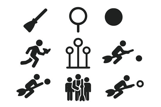 Imaginative Sport Icons. Solid style icons of Imaginative Sport: Broomstick, Hoop, Bludger, Snitch Runner, Goal Post, Player, Team