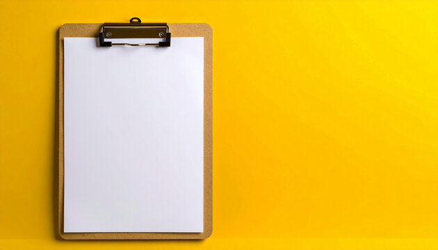 Clipboard with blank paper, isolated on yellow, productivity and task completion. Mock-up.