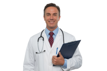 A friendly male doctor smiles confidently, wearing a white lab coat, stethoscope, and tie, holding a clipboard. background removed