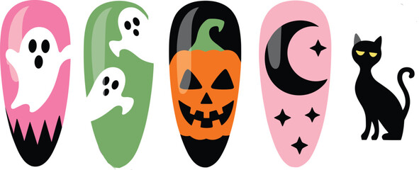 Halloween nail art vector set, spooky ghost, pumpkin, black cat, crescent moon and stars, festive manicure design, holiday decoration illustration