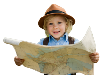 A joyful young boy wearing a hat smiles brightly while holding and examining a world map, embodying a spirit of adventure and discovery. background removed