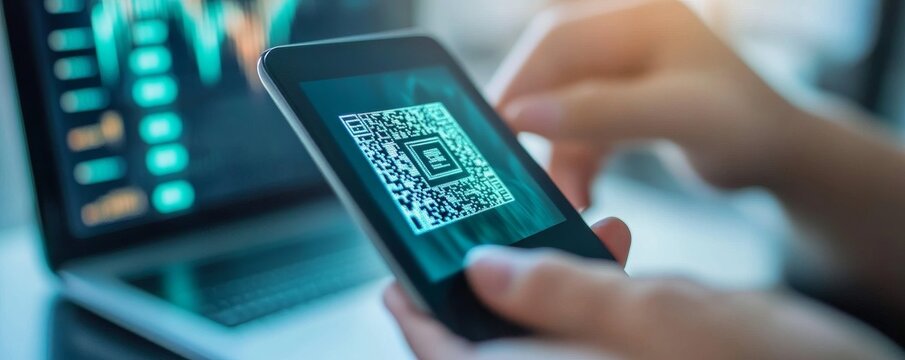 Smartphone QR Code Scan with Laptop Stock Chart, Technology , Finance - Powered by Adobe