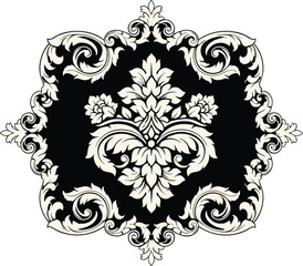 Ornate floral scroll design, vintage decorative motif, symmetrical black and white pattern, classical embellishment vector, antique textile ornament, elegant acanthus style