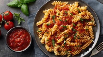 Overhead view of spiral pasta coated in rich red sauce on a ceramic plate garnished with fresh herbs, with copy space on the left for text, vibrant and inviting