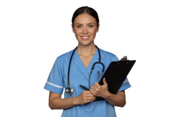 A smiling female medical professional in blue scrubs with a stethoscope, holding a clipboard and pen, ready to assist patients. background removed