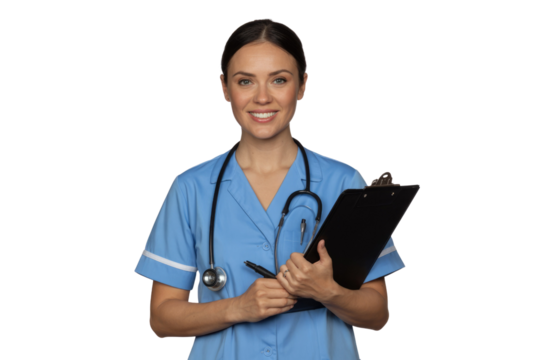 A smiling female medical professional in blue scrubs with a stethoscope, holding a clipboard and pen, ready to assist patients. background removed