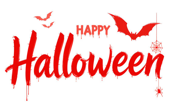 Halloween white background design with red Happy Halloween lettering, spider webs, and bats for spooky themes. - Powered by Adobe