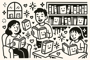 Whimsical Library Delight. A doodle illustration of a cozy library where books smile as people enjoy them, while glowing stars and