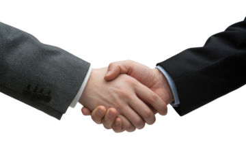Two businessmen shaking hands, symbolizing agreement, partnership, deal, or greeting. Professional and formal gesture of collaboration and trust. background removed