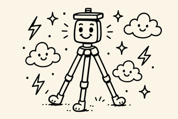 Cheerful Tripod Doodle. Cute doodle vector artwork of a cheerful tripod standing proudly with grinning legs, surrounded by doodle