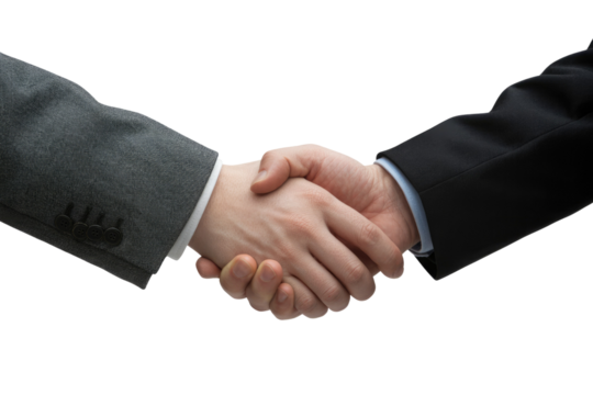 Two businessmen shaking hands, symbolizing agreement, partnership, deal, or greeting. Professional and formal gesture of collaboration and trust. background removed