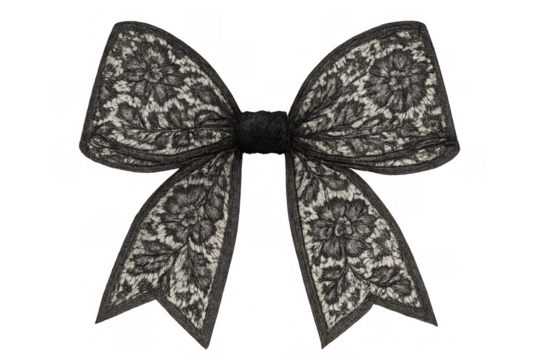 Elegant lace bow featuring a decorative black and white floral pattern, ideal as a sophisticated fashion accessory element