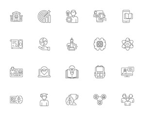Learning and Education icon set. Vector illustration Includes symbols for collge, online booking, brain,teamwork, graduate, book, utorial, avatar and more. ditable stroke.