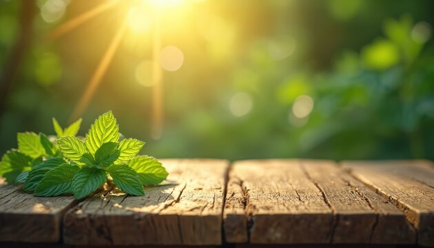 Fresh mint leaves on rustic wooden table. Green herb plant on natural wood surface. Empty space for product display. Blurred garden background with sunlight.