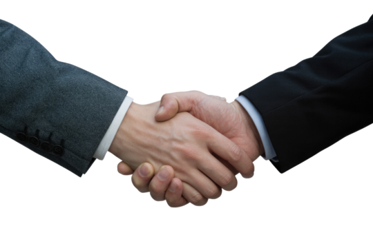 Two business professionals shake hands, symbolizing agreement, partnership, and successful negotiation. Transparent background emphasizes collaboration, trust, and mutual respect. background removed