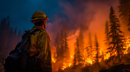 Fototapeta premium Firefighter assessing the blazing forest fire at dusk surrounded by tall trees engulfed in bright orange flames and thick smoke in a critical emergency situation