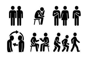 Subconscious Mimicry Icons. Solid style icons of subconscious mimicry: Shadow Figure, Reflective Pose, Subtle Copy, Empathy Loop,