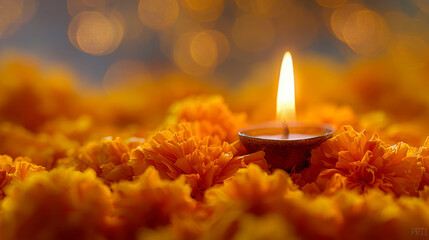A single glowing candle surrounded by vibrant orange marigold flowers creating a warm and festive ambiance with soft bokeh lights in the background