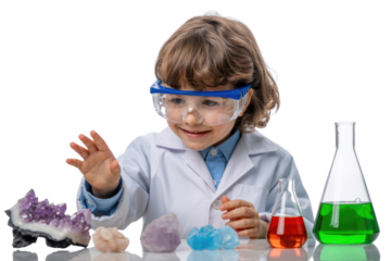 An excited young scientist in a lab coat and safety goggles explores colorful crystals and chemical solutions, fostering curiosity and scientific discovery. background removed