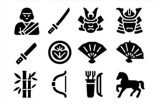 Samurai Icon Set. Solid style icons of Legendary Warriors: Samurai, Katana, Kabuto Helmet, Armor, Wakizashi, Mon Crest, Tessen,
