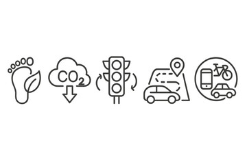 Eco-Smart Mobility Icons. Line style icons of Eco-Smart Mobility Concepts: carbon footprint symbol, CO2 saved icon, smart traffic