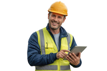 Smiling construction worker in hard hat and high-vis vest, using a digital tablet for site management and planning on transparent background. background removed