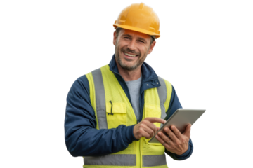 Smiling construction worker in hard hat and high-vis vest, using a digital tablet for site management and planning on transparent background. background removed