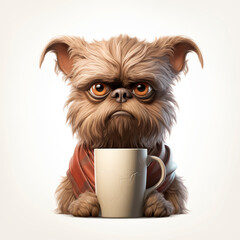funny dog with a cup of coffee in his hand	
