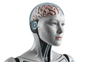 A detailed, futuristic humanoid robot with a visible brain, representing advanced artificial intelligence and consciousness. Modern technology concept. background removed