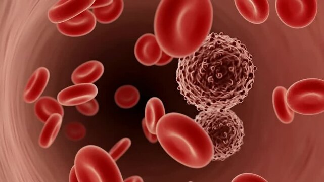 Microscopic view of red blood cells and white blood cells