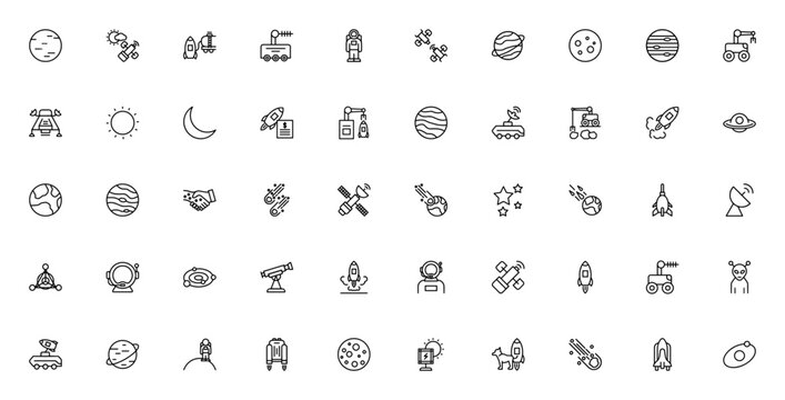 Space icon set. Minimal vector illustration. Feature planets like Neptune, Mar, Jupiter; spacecraft, rocet, astronaut, moon rover,telescope, satellite, galay, and more. Editable stroe.