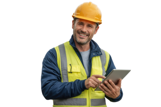 Smiling construction worker in hard hat and high-vis vest, using a digital tablet for site management and planning on transparent background. background removed