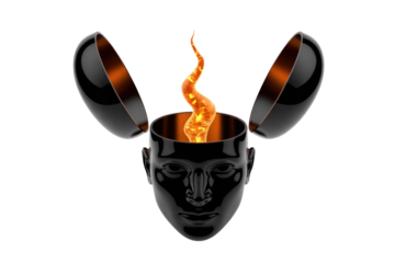 A glossy black human head is open, revealing a vibrant, swirling orange flame emerging from inside, symbolizing passion, creativity, or enlightenment. background removed