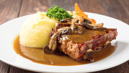 Braised short ribs with brown mushroom gravy and mashed potatoes, selective view. AI