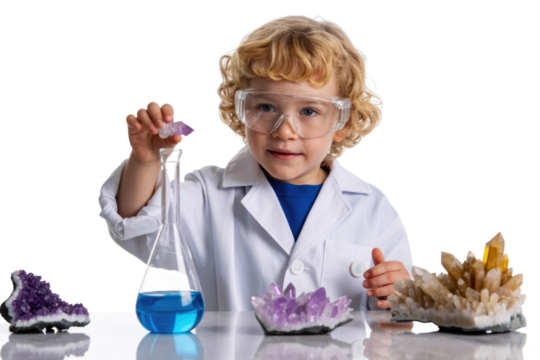 A young scientist in a lab coat and goggles holds a purple crystal over a flask of blue liquid, surrounded by colorful geodes. background removed - Powered by Adobe