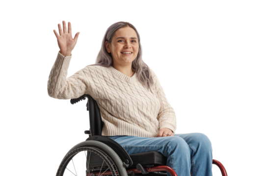 A cheerful woman with gray hair, seated in a wheelchair, smiles warmly and waves. She wears a cream cable knit sweater and jeans. background removed - Powered by Adobe